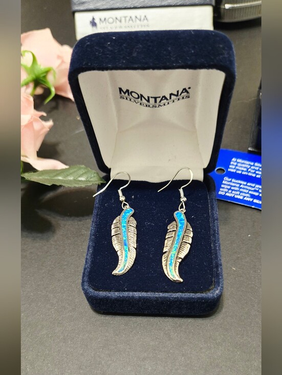 Montana Silversmiths Jewelry - Montana Silversmiths Blue Opal Feather Dangle Earrings Sterling Hooks